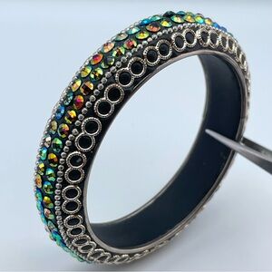 Aurora Borealis Crystal & Silver-Tone Filigree Bangle Bracel